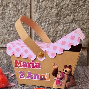 Cestino pic nic Masha e Orso, per regalo fine festa,kit party a tema personalizzati. Set da 10 pezzi.