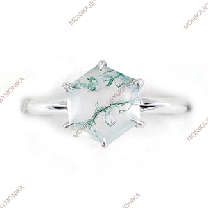 Natural Moss Agate Ring: Handmade Sterling Silver Hexagon Gemstone