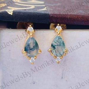 Moss Agate Pear Earrings: Sterling Silver Bridal Jewelry Set