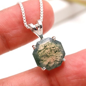 Hexagon Moss Agate Pendant: Sterling Silver Geometric Necklace