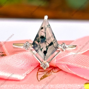 Kite Moss Agate Ring: 925 Sterling Silver Art Deco Ring