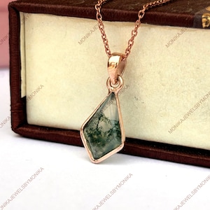 Kite natural moss agate necklace solid rose gold vintage unique Personalized pendant for women her anniversary bridal gift mother