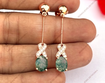 Natural Moss Agate Earrings: 925 Sterling Silver Dangle Drop Earrings