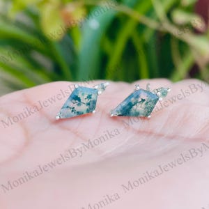 Moss Agate Kite Dangle Earring Geometric Gemstone Drop Stud Silver Cartilage Earlobe Labret Earring Minimalist Jewerly Gift