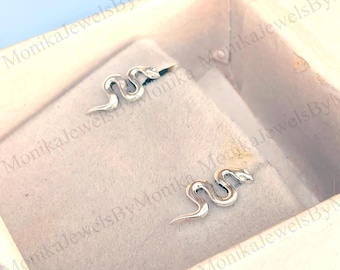 May include: A pair of silver snake earrings in a white box. The earrings are small and delicate, and they are perfect for adding a touch of style to any outfit.