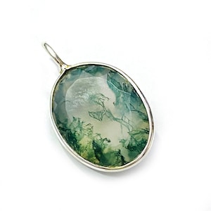 Sterling Silver Moss Agate Pendant: Oval Gemstone Necklace