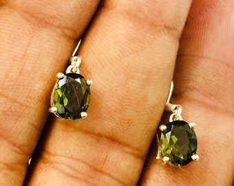 Faceted Moldavite Sterling Silver Earrings: Genuine Green Crystal Boho Jewelry