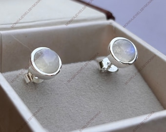 Genuine 925 Sterling Silver Round Moonstone Earrings Studs Gemstone Jewellery , moonstone studs , Cab earrings , bridesmaid earrings