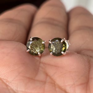 Moldavite Stud Earrings: Round Cut Sterling Silver, Authentic Gemstone