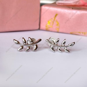 Sterling Silver Leaf Stud Earrings: Tiny Branch Design