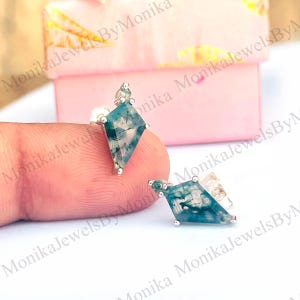 Moss Agate Kite Dangle Earrings: Sterling Silver Geometric Drop Studs