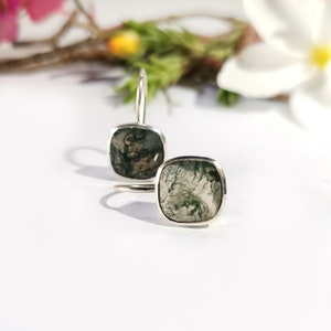 Moss Agate Earring, Dangle Earring, Dainty Earring, Cushion Moss agate Earring, Women Earring, Moss Agate Stud, Christmas Gift, Gift For Her
