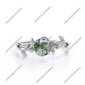 Natural Moss Agate ring, leaf shaped, April birthstone, round cut gemstone, handmade gifts, White and Green Jewelry, Rings, Engagement Ring