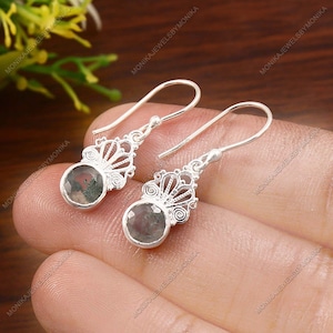 Natural Moss Agate Dangle Earrings: 925 Sterling Silver