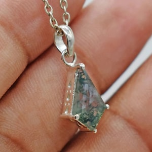 Moss Agate Kite Necklace: Sterling Silver Dainty Pendant