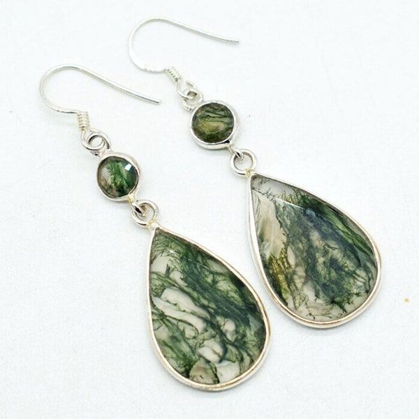 Moss Agate Bezel Earring, Natural Moss Agate Earring, Girls Earring, Dangle moss Agate Earring, Earring, 925 Silver Earring, Gift For Her