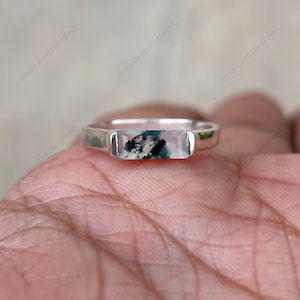 Moss Agate Ring, Rectangle Bar Gemstone Ring, Silver Plated 925 Sterling Silver Ring, Handmade Ring Solitaire Ring, Wedding Ring Gift Her