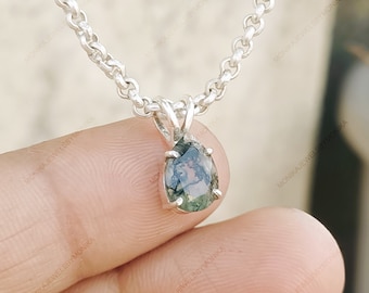 Collar de ágata musgosa de pera: colgante de plata de ley, inspirado en la naturaleza.