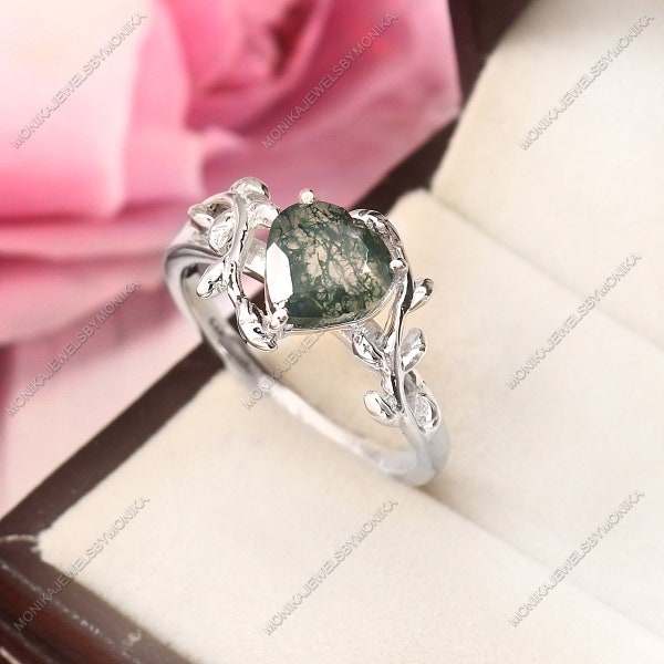 Anello di agata di muschio naturale, anello in argento sterling, anello di agata di muschio a forma di cuore, anello di fidanzamento, gioielli di agata di muschio, anello delicato, fedi nuziali.