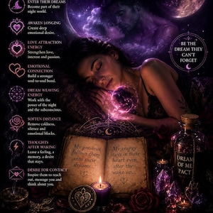 May include: A purple-toned graphic featuring a sleeping person, an open book with text, a candle, crystals, and a bottle labeled DREAM OF ME LOVE PACT. The text includes DREAM OF ME LOVE PACT, ENTER THEIR DREAMS, AWAKEN LONGING, and other phrases describing emotional connection and dream energy.
