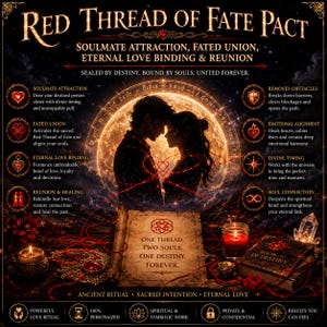 Op de afbeelding: Een digitale afbeelding getiteld Red Thread of Fate Pact met het silhouet van twee mensen die tegenover elkaar staan voor een grote gloeiende maan. Een rode draad verbindt hen en loopt naar een open boek met de tekst One Thread. Two Souls. One Destiny. Forever. omringd door kaarsen en kristallen.