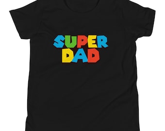 T-shirt à manches courtes pour enfants, T-shirt Super Dad, Cadeau de jeu rétro père fils fille Super Dad Funny Kids Pères Enfants Cadeau