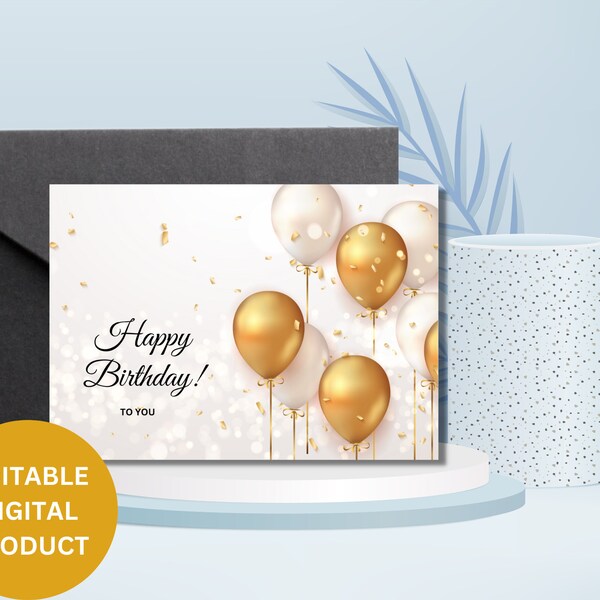 White Glossy Happy Birthday Greeting Card - Elegant and Timeless Design, birthday card, instant download, gift for her, greeting card