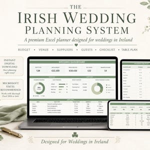 May include: The Irish Wedding Planning System is a digital Excel planner for weddings in Ireland. The display shows a laptop, tablet, and smartphone screen with a wedding dashboard, checklist, and guest manager featuring green and white charts.
