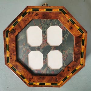 Vintage octagonal hanging frame in burl wood with inlay design created from other types of wood. France, late 1990s.