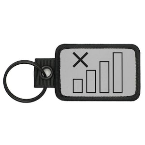 Puede incluir: Llavero en blanco y negro con fondo gris. El llavero tiene un anillo negro y una correa negra. El fondo tiene un icono de intensidad de señal con una X sobre él.