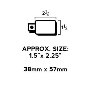 May include: Black and white line drawing of a rectangular shape with rounded corners. The shape is labeled with the dimensions 1 1/2 inches by 2 1/4 inches. The text "APPROX. SIZE: 1.5" x 2.25" 38mm x 57mm" is below the drawing.