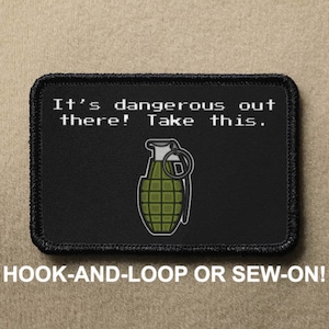 Es peligroso ahí fuera, toma esta granada, videojuego retro, divertida parodia, novedoso parche de moral con gancho y bucle, colección PATCHRIOT