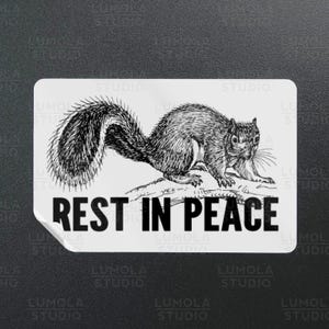 Op de afbeelding: Zwart-witte illustratie van een eekhoorn die op een tak zit met de tekst "Rest in Peace" eronder.