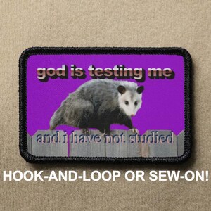 May include: Purple and black embroidered patch featuring a possum and the text "god is testing me and i have not studied". The patch is designed for hook-and-loop or sew-on attachment.