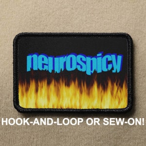 May include: Black iron-on patch with a blue "neuroscipy" text on a black background with yellow flames.