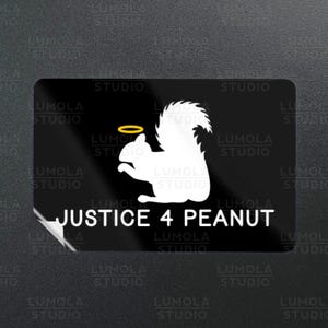 May include: A black and white sticker with a white squirrel wearing a halo. The text "JUSTICE 4 PEANUT" is printed below the squirrel.