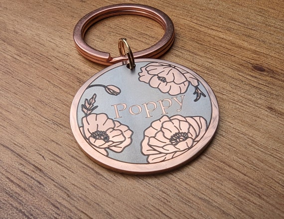 Custom Pet Name Tag - Elegant, Personalized Dog Name Tag in Silver, Gold, Rose Gold, Black | Poppy Flower Design for Dogs, Cats, Horses