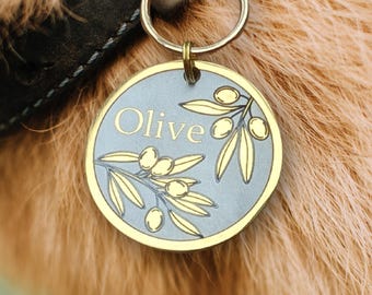 Elegant Personalized Pet ID Tag: Custom Engraved Olive Design for Dogs, Cats & Horses in Multiple Colors