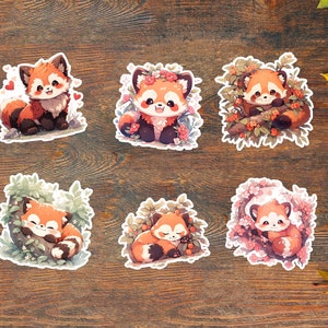 Cute Red Panda Sticker Set - Kawaii Vinyl Animal Stickers, Adorable Forest Animal Collection, Flower Red Panda Decals, 6-Piece Pack.