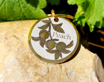 Custom Engraved Pet Tags in Silver, Gold, Rose Gold and Black - Personalized Dog & Cat ID, Name Tags, Fruit Design, Peach Motif