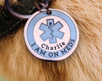 Custom Stainless Steel Medical Alert Pet Tag - I Am On Meds ID 25-35 mm Personalized Dog Cat Charm