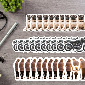 May include: A set of 12 stickers featuring a variety of images, including a row of pugs, a row of motorcycles, and a row of people. The stickers are printed on white paper with a white border.
