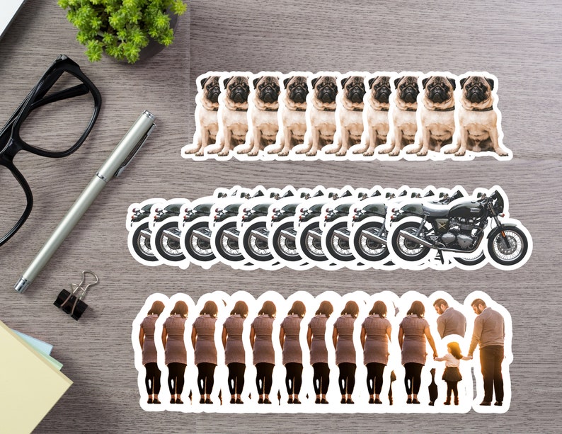 May include: A set of 12 stickers featuring a variety of images, including a row of pugs, a row of motorcycles, and a row of people. The stickers are printed on white paper with a white border.
