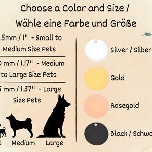 Pu&ograve; includere: Immagine che mostra le opzioni di targhette per animali domestici. Il testo recita "Scegli un colore e una taglia". Le dimensioni disponibili sono 25 mm, 30 mm e 35 mm. I colori includono argento, oro, oro rosa e nero. Sono mostrate sagome di cani.