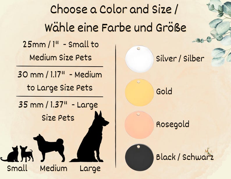 Pu&ograve; includere: Immagine che mostra le opzioni di targhette per animali domestici. Il testo recita "Scegli un colore e una taglia". Le dimensioni disponibili sono 25 mm, 30 mm e 35 mm. I colori includono argento, oro, oro rosa e nero. Sono mostrate sagome di cani.