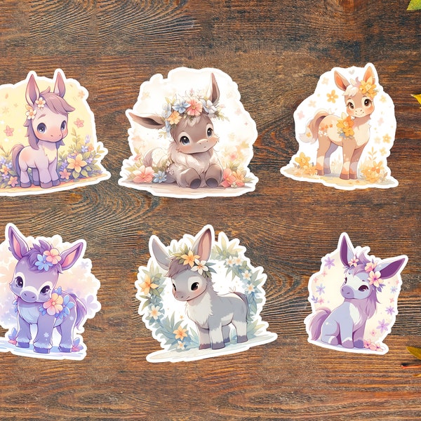 Cute Donkey Sticker Set: 6 Adorable Donkey with Flowers for a Charming Touch of Farm Whimsy! Perfect for Kawaii Animal Lovers!