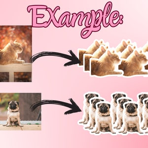 May include: A collage of two images showing the process of creating multiple copies of an image. The top image shows a single orange tabby cat lying on a white railing. The bottom image shows a single pug dog sitting on a sidewalk. The right side of the collage shows multiple copies of the cat and dog images.