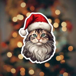 Autocollant de Noël mignon chat Maine Coon : parfait pour les journaux, la décoration et les cadeaux.