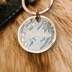 Op de afbeelding: Een ronde, koperkleurige dierenpenning met de naam "Willow" gegraveerd. De penning heeft een boomontwerp met een treurwilgmotief, tegen een lichtblauwe achtergrond. Bevestigd aan een zwarte leren halsband.