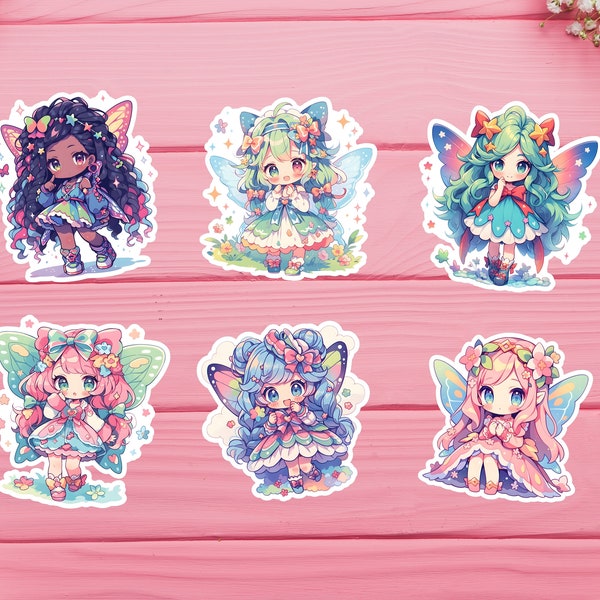 Adorable Kawaii Fairy Sticker Pack - Set of 6! Embrace fantasy with cute Fairy on vinyl. Perfect for personalizing any surface!